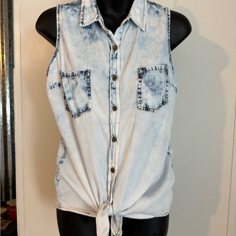 Cotton Express Blue Sleeveless Tie-Front Top